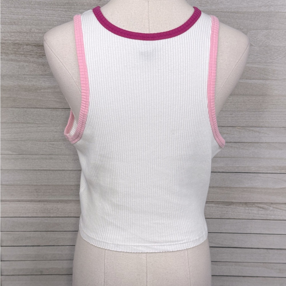 WILD FABLE Ringer Style Cropped Ribbed Tank Top White/Pink-Large - Picture 2 of 2